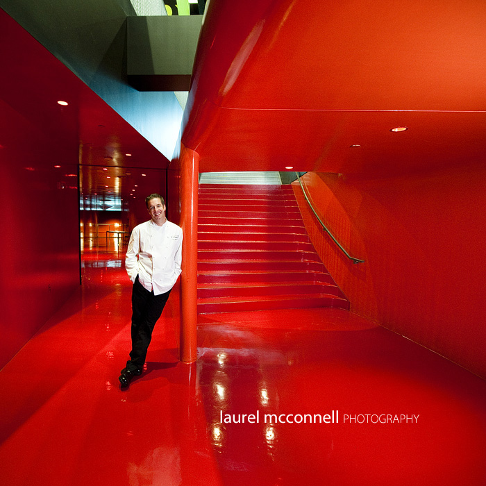a casual commercial portrait of famed seattle chef Jason Wilson of Crush at the Seattle Library
