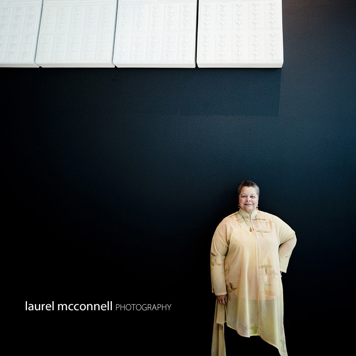 a portrait of seattle author Nancy Rawles at the reading desk in the seattle central library