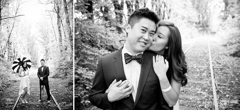 Bride and groom embracing Woodinville, Washington winery during engagement photos.