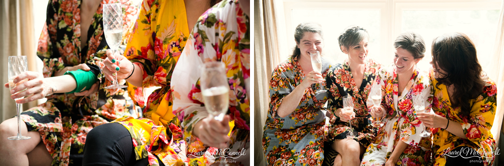 Matching bridesmaids robes at Seattle farm wedding.