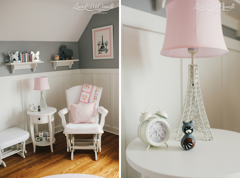 Pink and grey modern nursery portrait session backdrop.